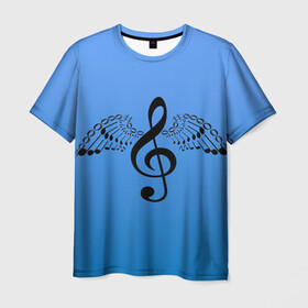 Мужская футболка 3D с принтом Скрипичный ключ и крылья ноты в Новосибирске, 100% полиэфир | прямой крой, круглый вырез горловины, длина до линии бедер | арт | звук | крыло | крылья | музыка | музыкант | ноты | символ | скрипичный ключ | фортепиано
