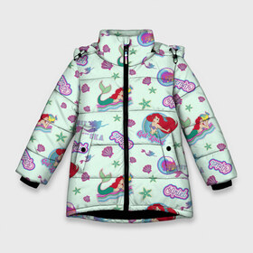 Зимняя куртка для девочек 3D с принтом Русалочка Ариэль в Новосибирске, ткань верха — 100% полиэстер; подклад — 100% полиэстер, утеплитель — 100% полиэстер. | длина ниже бедра, удлиненная спинка, воротник стойка и отстегивающийся капюшон. Есть боковые карманы с листочкой на кнопках, утяжки по низу изделия и внутренний карман на молнии. 

Предусмотрены светоотражающий принт на спинке, радужный светоотражающий элемент на пуллере молнии и на резинке для утяжки. | ariel | disney princess | the little mermaid | vdkimel | ариэль | русалочка