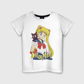 Детская футболка хлопок с принтом Sailor Moon & Luna в Новосибирске, 100% хлопок | круглый вырез горловины, полуприлегающий силуэт, длина до линии бедер | Тематика изображения на принте: cat | girl | kitty | luna | moon | sailor moon | sailormoon | девочка | кот | котик | котэ | кошка | луна | мультяшка | сейлормун | сэйлор мун