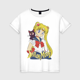 Женская футболка хлопок с принтом Sailor Moon & Luna в Новосибирске, 100% хлопок | прямой крой, круглый вырез горловины, длина до линии бедер, слегка спущенное плечо | Тематика изображения на принте: cat | girl | kitty | luna | moon | sailor moon | sailormoon | девочка | кот | котик | котэ | кошка | луна | мультяшка | сейлормун | сэйлор мун