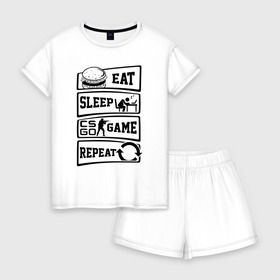 Женская пижама с шортиками хлопок с принтом Eat Sleep CS GO repeat в Новосибирске, 100% хлопок | футболка прямого кроя, шорты свободные с широкой мягкой резинкой | counter strike global | cs go | eat | game | sleep | контра | кс | кс го