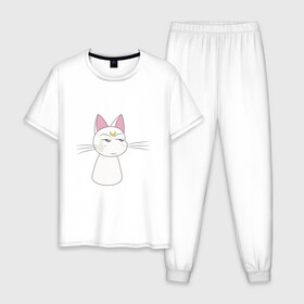 Мужская пижама хлопок с принтом Artemis в Новосибирске, 100% хлопок | брюки и футболка прямого кроя, без карманов, на брюках мягкая резинка на поясе и по низу штанин
 | artemis | cat | kitty | moon | sailor moon | sailormoon | артемис | белая | кот | котик | котэ | кошка | луна | мультяшка | сейлормун | сэйлор мун