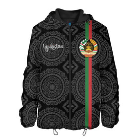 Мужская куртка 3D с принтом Таджикистан в Новосибирске, ткань верха — 100% полиэстер, подклад — флис | прямой крой, подол и капюшон оформлены резинкой с фиксаторами, два кармана без застежек по бокам, один большой потайной карман на груди. Карман на груди застегивается на липучку | Тематика изображения на принте: architecture | ashgabat | asia | city | coat of arms | crown | flag | ornament | patterns | republic | silhouette | state | tajikistan | азия | архитектура | ашхабад | герб | город | государство | звезды | корона | орнамент | республика | силуэт | таджики