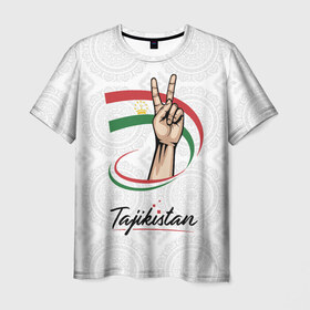 Мужская футболка 3D с принтом Таджикистан в Новосибирске, 100% полиэфир | прямой крой, круглый вырез горловины, длина до линии бедер | Тематика изображения на принте: asia | crown | emblem | flag | gesture | hand | republic | sign | stars | state | tajikistan | victory | азия | государство | жест | звезды | знак | корона | победа | республика | рука | таджикистан | флаг | эмблема
