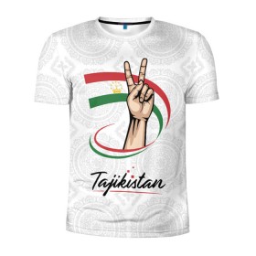 Мужская футболка 3D спортивная с принтом Таджикистан в Новосибирске, 100% полиэстер с улучшенными характеристиками | приталенный силуэт, круглая горловина, широкие плечи, сужается к линии бедра | asia | crown | emblem | flag | gesture | hand | republic | sign | stars | state | tajikistan | victory | азия | государство | жест | звезды | знак | корона | победа | республика | рука | таджикистан | флаг | эмблема