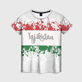Женская футболка 3D с принтом Таджикистан в Новосибирске, 100% полиэфир ( синтетическое хлопкоподобное полотно) | прямой крой, круглый вырез горловины, длина до линии бедер | asia | blots | drops | flag | paint | republic of tajikistan | splashes | state | азия | брызги | государство | капли | кляксы | краска | республика | таджикистан | флаг