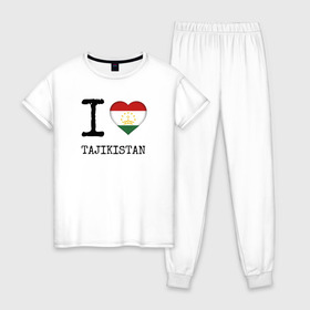 Женская пижама хлопок с принтом Таджикистан в Новосибирске, 100% хлопок | брюки и футболка прямого кроя, без карманов, на брюках мягкая резинка на поясе и по низу штанин | asia | coat of arms | flag | heart | i | love | ornament | patterns | republic | state | tajikistan | азия | герб | государство | люблю | орнамент | республика | сердце | таджикистан | узоры | флаг | я