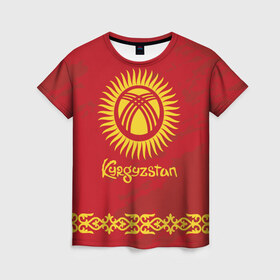 Женская футболка 3D с принтом Киргизия в Новосибирске, 100% полиэфир ( синтетическое хлопкоподобное полотно) | прямой крой, круглый вырез горловины, длина до линии бедер | asia | coat of arms | kyrgyz republics | kyrgyzstan | ornament | state | азия | герб | государство | киргизия | киргизская республика | кыргыз республикасы | кыргызстан | орнамент