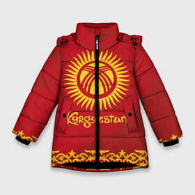 Зимняя куртка для девочек 3D с принтом Киргизия в Новосибирске, ткань верха — 100% полиэстер; подклад — 100% полиэстер, утеплитель — 100% полиэстер. | длина ниже бедра, удлиненная спинка, воротник стойка и отстегивающийся капюшон. Есть боковые карманы с листочкой на кнопках, утяжки по низу изделия и внутренний карман на молнии. 

Предусмотрены светоотражающий принт на спинке, радужный светоотражающий элемент на пуллере молнии и на резинке для утяжки. | asia | coat of arms | kyrgyz republics | kyrgyzstan | ornament | state | азия | герб | государство | киргизия | киргизская республика | кыргыз республикасы | кыргызстан | орнамент