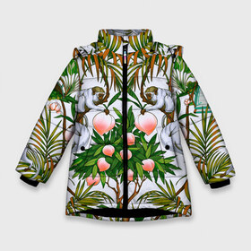 Зимняя куртка для девочек 3D с принтом Обезьяны персики пальмы лето в Новосибирске, ткань верха — 100% полиэстер; подклад — 100% полиэстер, утеплитель — 100% полиэстер. | длина ниже бедра, удлиненная спинка, воротник стойка и отстегивающийся капюшон. Есть боковые карманы с листочкой на кнопках, утяжки по низу изделия и внутренний карман на молнии. 

Предусмотрены светоотражающий принт на спинке, радужный светоотражающий элемент на пуллере молнии и на резинке для утяжки. | 2020 | весна | животный | зеленый | лето | листики | листочки | листья | макаки | мартышки | обезьяны | отдых | отпуск | пальмы | паттерн | персики | повседневность | редкие | рисунок | средний | тропики
