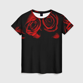 Женская футболка 3D с принтом Готика в Новосибирске, 100% полиэфир ( синтетическое хлопкоподобное полотно) | прямой крой, круглый вырез горловины, длина до линии бедер | black | flowers | red | rose | rozario | vampire | алые | бутоны | вампир | винтаж | готический | красныерозы | кровь | лепестки | летний | лето | ночь | природа | растения | роза | розочка | розы | рок | темный | узор