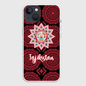 Чехол для iPhone 13 с принтом Таджикистан в Новосибирске,  |  | asia | coat of arms | crown | emblem | flag | order | ornament | patterns | president | republic | stars | state | tajikistan | азия | герб | государство | звезды | корона | орден | орнамент | президента | республика | таджикистан | узоры | флаг | эмблема