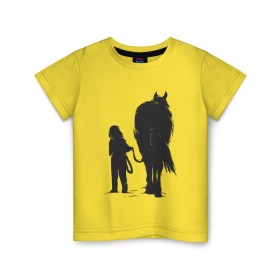 Детская футболка хлопок с принтом Девочка с конем в Новосибирске, 100% хлопок | круглый вырез горловины, полуприлегающий силуэт, длина до линии бедер | Тематика изображения на принте: art | beautiful | girl | horse | арт | девочка | запряжена | конь | красивая | лошади | лошадка | лошадь | мелками | мелом | милая | милый | пони | прекрасная | прекрасный | рисунок | с лошадью | силует | силуеты