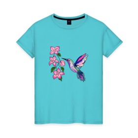 Женская футболка хлопок с принтом Райская птичка в Новосибирске, 100% хлопок | прямой крой, круглый вырез горловины, длина до линии бедер, слегка спущенное плечо | bird | flowers | бабочки | бутоны | ветки | джунгли | зелень | клюв | колибри | крылья | лепестки | летний | лето | листья | перья | попугай | птаха | птица | птички | рай | растения | рисунок | солнце | тропики