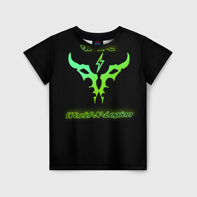 Детская футболка 3D с принтом World-X-Legion в Новосибирске, 100% гипоаллергенный полиэфир | прямой крой, круглый вырез горловины, длина до линии бедер, чуть спущенное плечо, ткань немного тянется | Тематика изображения на принте: darkside | legion | warcraft | легендарный | легион | пламенный | пылающий | темный