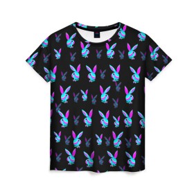 Женская футболка 3D с принтом Playboy в Новосибирске, 100% полиэфир ( синтетическое хлопкоподобное полотно) | прямой крой, круглый вырез горловины, длина до линии бедер | playboy | абстракция | зая | заяц | краска | кролик | кролик плейбой | лето | море | неон | отдых | плейбой | плэйбой | пляж | текстура