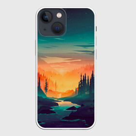 Чехол для iPhone 13 mini с принтом Лесной закат в Новосибирске,  |  | деревья | закат | иллюстрация | лес | небо | облака | природа | путешествие | ручей | фон