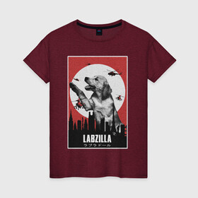 Женская футболка хлопок с принтом Лабзилла в Новосибирске, 100% хлопок | прямой крой, круглый вырез горловины, длина до линии бедер, слегка спущенное плечо | вертолеты | годзилла | лабрадор | пес | постер | собака | собачник | фильм | щенок