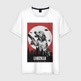 Мужская футболка хлопок с принтом Лабзилла в Новосибирске, 100% хлопок | прямой крой, круглый вырез горловины, длина до линии бедер, слегка спущенное плечо. | Тематика изображения на принте: вертолеты | годзилла | лабрадор | пес | постер | собака | собачник | фильм | щенок