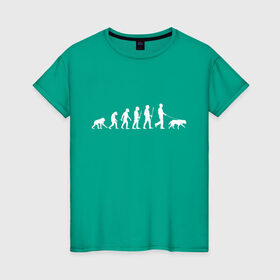 Женская футболка хлопок с принтом Эволюция. Лабрадор в Новосибирске, 100% хлопок | прямой крой, круглый вырез горловины, длина до линии бедер, слегка спущенное плечо | Тематика изображения на принте: homo sapiens | дарвин | лабрадор | люди | неандерталец | пёс | развитие | собака | собачник | эволюция