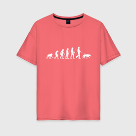 Женская футболка хлопок Oversize с принтом Эволюция Лабрадор в Новосибирске, 100% хлопок | свободный крой, круглый ворот, спущенный рукав, длина до линии бедер
 | Тематика изображения на принте: homo sapiens | дарвин | лабрадор | люди | неандерталец | пёс | развитие | собака | собачник | эволюция