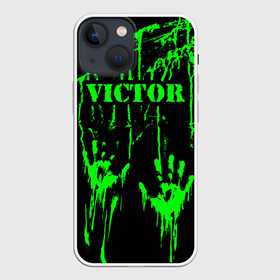 Чехол для iPhone 13 mini с принтом Виктор в Новосибирске,  |  | брызги | виктор | витёк | витька | витюля | витюха | витюша | грязная | зеленая | имена | именная | имя | капли | кислотная | краска | лапа | надпись | отпечаток | пандемия | подпись | подтеки