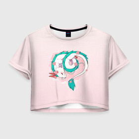 Женская футболка Crop-top 3D с принтом Спящий дракон Хаку чиби цветы в Новосибирске, 100% полиэстер | круглая горловина, длина футболки до линии талии, рукава с отворотами | аниме | арт | божество | градиент | дракон | дракон бог | дракончик | дракоша | малыш | мило | пастельный | персонаж | простой | рисунок | розовый | светлый | спящий дракон | студия гибли