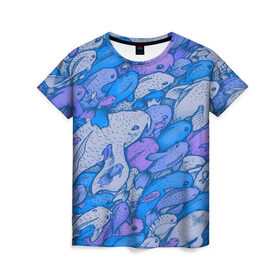 Женская футболка 3D с принтом косяк рыб крупно рисунок в Новосибирске, 100% полиэфир ( синтетическое хлопкоподобное полотно) | прямой крой, круглый вырез горловины, длина до линии бедер | арт | косяк | много | морские жители | морской | подводный мир | рисунок | рыбки | рыбы | синий | фиолетовый