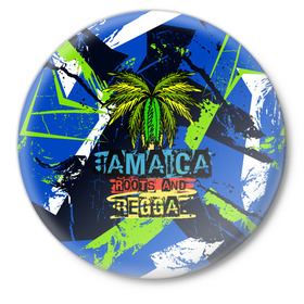 Значок с принтом Jamaica Roots and reggae в Новосибирске,  металл | круглая форма, металлическая застежка в виде булавки | jamaica | reggae | roots | летняя | лето | надпись | пальма | раста | регги | рэгги | текст | фраза | ямайка