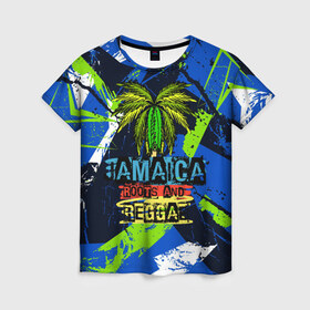 Женская футболка 3D с принтом Jamaica Roots and reggae в Новосибирске, 100% полиэфир ( синтетическое хлопкоподобное полотно) | прямой крой, круглый вырез горловины, длина до линии бедер | jamaica | reggae | roots | летняя | лето | надпись | пальма | раста | регги | рэгги | текст | фраза | ямайка