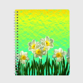Тетрадь с принтом Солнечные Нарциссы в Новосибирске, 100% бумага | 48 листов, плотность листов — 60 г/м2, плотность картонной обложки — 250 г/м2. Листы скреплены сбоку удобной пружинной спиралью. Уголки страниц и обложки скругленные. Цвет линий — светло-серый
 | Тематика изображения на принте: flowers | nature | summer | sun | бутоны | зелень | кислотный | краски | лазурный | лепестки | летний | лето | листья | нарцисс | нарциссы | неоновый | поле | природа | растения | ромашки | сад | солнечный | солнце