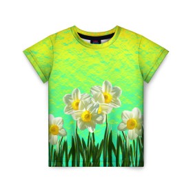 Детская футболка 3D с принтом Солнечные Нарциссы в Новосибирске, 100% гипоаллергенный полиэфир | прямой крой, круглый вырез горловины, длина до линии бедер, чуть спущенное плечо, ткань немного тянется | Тематика изображения на принте: flowers | nature | summer | sun | бутоны | зелень | кислотный | краски | лазурный | лепестки | летний | лето | листья | нарцисс | нарциссы | неоновый | поле | природа | растения | ромашки | сад | солнечный | солнце
