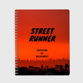 Тетрадь с принтом Street runner в Новосибирске, 100% бумага | 48 листов, плотность листов — 60 г/м2, плотность картонной обложки — 250 г/м2. Листы скреплены сбоку удобной пружинной спиралью. Уголки страниц и обложки скругленные. Цвет линий — светло-серый
 | run | runner | running | street | бег | город | закат | лёгкая атлетика | рассвет | улица | я бегу