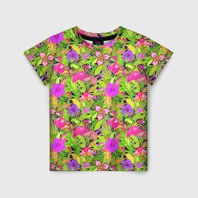 Детская футболка 3D с принтом Flamingo | Tropical в Новосибирске, 100% гипоаллергенный полиэфир | прямой крой, круглый вырез горловины, длина до линии бедер, чуть спущенное плечо, ткань немного тянется | Тематика изображения на принте: flamingo | flamingos | flower | flowers | neon | pink | rose | summer | девочке | девушке | красивая | летняя | неон | парню | подарок | прикольная | приятная | роза | розовая | стильная | текстура | тропики | фламинго | цветок