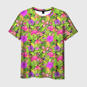 Мужская футболка 3D с принтом Flamingo | Tropical в Новосибирске, 100% полиэфир | прямой крой, круглый вырез горловины, длина до линии бедер | Тематика изображения на принте: flamingo | flamingos | flower | flowers | neon | pink | rose | summer | девочке | девушке | красивая | летняя | неон | парню | подарок | прикольная | приятная | роза | розовая | стильная | текстура | тропики | фламинго | цветок