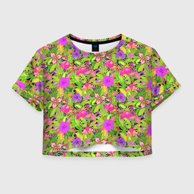 Женская футболка Crop-top 3D с принтом Flamingo | Tropical в Новосибирске, 100% полиэстер | круглая горловина, длина футболки до линии талии, рукава с отворотами | flamingo | flamingos | flower | flowers | neon | pink | rose | summer | девочке | девушке | красивая | летняя | неон | парню | подарок | прикольная | приятная | роза | розовая | стильная | текстура | тропики | фламинго | цветок