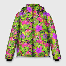 Мужская зимняя куртка 3D с принтом Flamingo Tropical в Новосибирске, верх — 100% полиэстер; подкладка — 100% полиэстер; утеплитель — 100% полиэстер | длина ниже бедра, свободный силуэт Оверсайз. Есть воротник-стойка, отстегивающийся капюшон и ветрозащитная планка. 

Боковые карманы с листочкой на кнопках и внутренний карман на молнии. | flamingo | flamingos | flower | flowers | neon | pink | rose | summer | девочке | девушке | красивая | летняя | неон | парню | подарок | прикольная | приятная | роза | розовая | стильная | текстура | тропики | фламинго | цветок