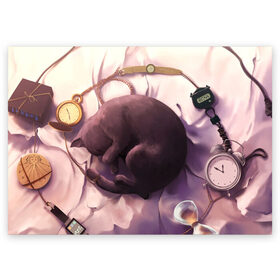 Поздравительная открытка с принтом 9 жизней кота в Новосибирске, 100% бумага | плотность бумаги 280 г/м2, матовая, на обратной стороне линовка и место для марки
 | Тематика изображения на принте: 9 жизней | время | девять жизней | клубок | кот | кошка | часы | черный котик