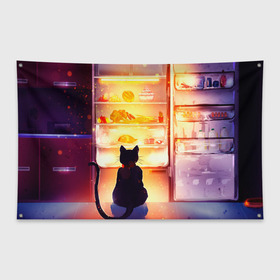 Флаг-баннер с принтом Черный кот холодильник ночь в Новосибирске, 100% полиэстер | размер 67 х 109 см, плотность ткани — 95 г/м2; по краям флага есть четыре люверса для крепления | арт | вкусняшки | ночной дожор | ночь | преступление | рисунок | холодильник | черный кот