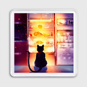 Магнит 55*55 с принтом Черный кот холодильник ночь в Новосибирске, Пластик | Размер: 65*65 мм; Размер печати: 55*55 мм | Тематика изображения на принте: арт | вкусняшки | ночной дожор | ночь | преступление | рисунок | холодильник | черный кот