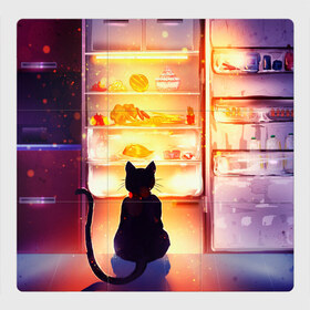 Магнитный плакат 3Х3 с принтом Черный кот холодильник ночь в Новосибирске, Полимерный материал с магнитным слоем | 9 деталей размером 9*9 см | арт | вкусняшки | ночной дожор | ночь | преступление | рисунок | холодильник | черный кот