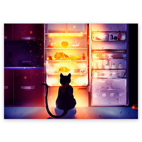 Поздравительная открытка с принтом Черный кот холодильник ночь в Новосибирске, 100% бумага | плотность бумаги 280 г/м2, матовая, на обратной стороне линовка и место для марки
 | Тематика изображения на принте: арт | вкусняшки | ночной дожор | ночь | преступление | рисунок | холодильник | черный кот