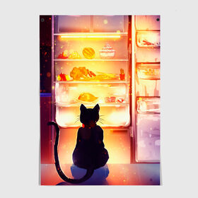 Постер с принтом Черный кот холодильник ночь в Новосибирске, 100% бумага
 | бумага, плотность 150 мг. Матовая, но за счет высокого коэффициента гладкости имеет небольшой блеск и дает на свету блики, но в отличии от глянцевой бумаги не покрыта лаком | арт | вкусняшки | ночной дожор | ночь | преступление | рисунок | холодильник | черный кот