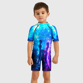 Детский купальный костюм 3D с принтом Внеземная пара луна ночь в Новосибирске, Полиэстер 85%, Спандекс 15% | застежка на молнии на спине | внеземные | встреча | для двоих | для него | для нее | луна | ночь | пара | парные | прогулка | свидание | силуэт