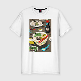 Мужская футболка премиум с принтом Азиатская еда в Новосибирске, 92% хлопок, 8% лайкра | приталенный силуэт, круглый вырез ворота, длина до линии бедра, короткий рукав | блюда | готовка | еда | кулинар | повар | шеф повар