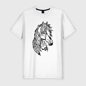 Мужская футболка хлопок Slim с принтом Конь Art в Новосибирске, 92% хлопок, 8% лайкра | приталенный силуэт, круглый вырез ворота, длина до линии бедра, короткий рукав | Тематика изображения на принте: black | casual | cowboy | horse | арт | голова | грива | дикие | единорог | жеребец | животные | звери | кобыла | ковбой | конь | краски | лошадка | лошадь | мерин | мустанг | парнокопытные | пегас | пони | рисунок