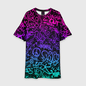 Детское платье 3D с принтом Граффити Neon в Новосибирске, 100% полиэстер | прямой силуэт, чуть расширенный к низу. Круглая горловина, на рукавах — воланы | blue | cyberpunk | drawing | graffiti | lettering | neon | paint | purple | text | брызги | граффити | киберпанк | краска | надписи | неон | рисунок | синий | текст | фиолетовый