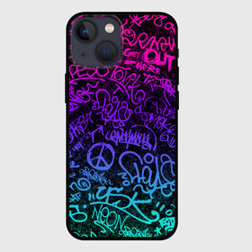 Чехол для iPhone 13 mini с принтом Граффити Neon в Новосибирске,  |  | blue | cyberpunk | drawing | graffiti | lettering | neon | paint | purple | text | брызги | граффити | киберпанк | краска | надписи | неон | рисунок | синий | текст | фиолетовый