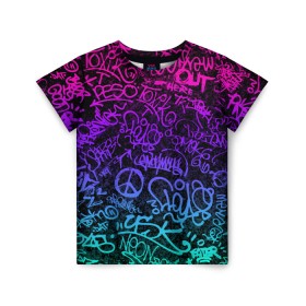 Детская футболка 3D с принтом Граффити Neon в Новосибирске, 100% гипоаллергенный полиэфир | прямой крой, круглый вырез горловины, длина до линии бедер, чуть спущенное плечо, ткань немного тянется | blue | cyberpunk | drawing | graffiti | lettering | neon | paint | purple | text | брызги | граффити | киберпанк | краска | надписи | неон | рисунок | синий | текст | фиолетовый