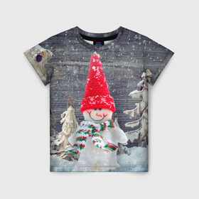 Детская футболка 3D с принтом Снеговик, Новогодняя в Новосибирске, 100% гипоаллергенный полиэфир | прямой крой, круглый вырез горловины, длина до линии бедер, чуть спущенное плечо, ткань немного тянется | ёлки | красный | новый год | снег | снеговик